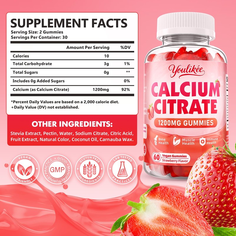 2 Pack Calcium Citrate Gummies 1200 mg, Calcium Supplement for
