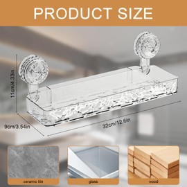 HERKINDNESS Duschablage Saugnapf, Transparent Shampoo Halterung für Dusche, 32 x 9 cm Duschgel Halterung Ohne Bohren, mit Saugnapf Ablage Dusche, für Badezimmer, Küche, Hotel