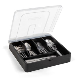 QINOL Silverware Tray with Lid, Utensil Drawer Organizer for Kitchen Countertop, Wooden Flatware Organizers and Storage Holder (Black)