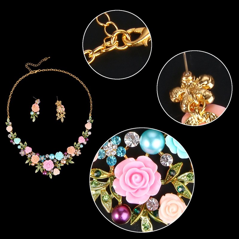 Ever Faith Crystal Simulated Pearl Rose Flower Leaf Necklace Pierced
