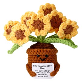 Lyreh Positive Sonnenblume Gehäkelt, 11cm Handgefertigt Emotionale Pflanzenpuppenstütze mit Ermutigender Karte Wollgarn Gestrickte Sonnenblume Positives Geschenk für Freunde Familie Kollegen
