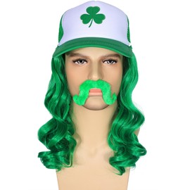 morvally Green Mullet Hair Hat Wigs for Men St Patrick's Days Costume with Glasses and Mustache