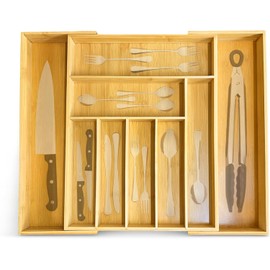 Bluelander Organizador de Cubiertos Expandible 33-52 cm, Organizador Cubierto con 9 Compartimientos, Organizador para Cajon, Organizador de Cubiertos Bambu, Portacubiertos