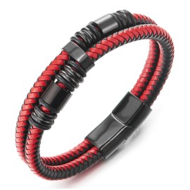 COOLSTEELANDBEYOND Men's Double Lap Braided Leather Bracelet Leather Sweatband Stainless Steel Charm, Black and red leather, No gemstone