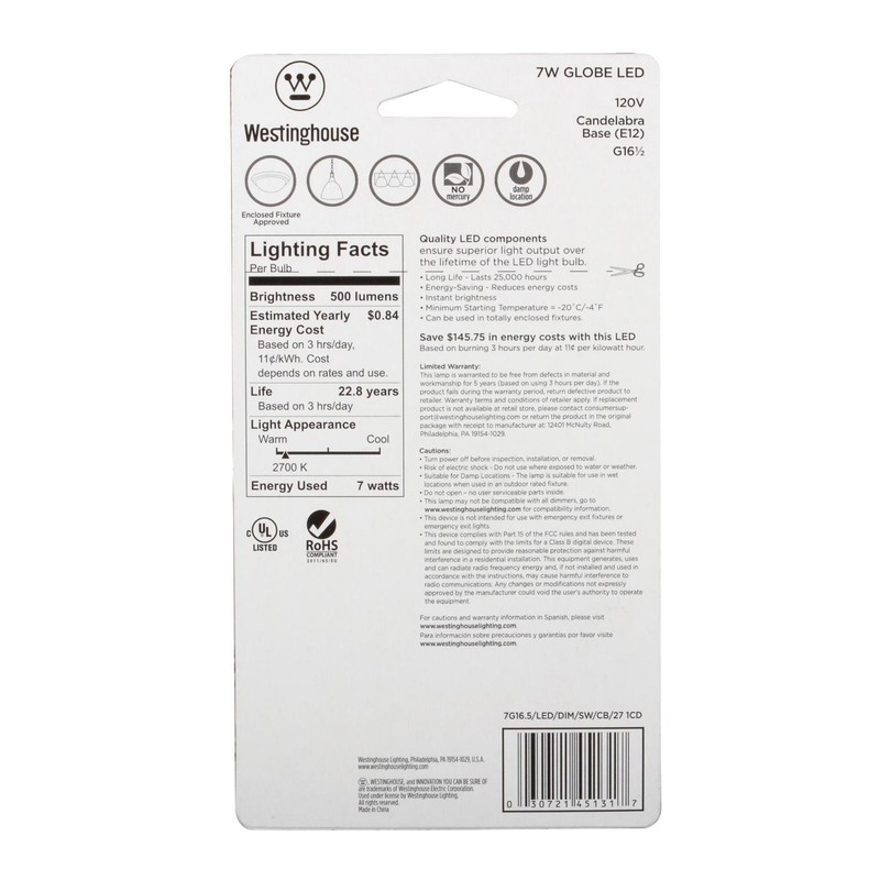 Westinghouse 4513100 60-Watt Equivalent G16-1/2 Dimmable Soft White LED Light