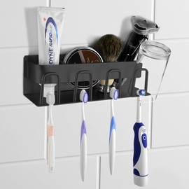 LUEXBOX Toothbrush Holder Wall Mounted for Bathroom, 4 Cups Toothbrush and Toothpaste Holder, Stainless Steel Razor Holder for Shower, Multifunctional Shower Organizer Black