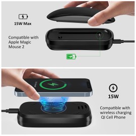 HONKID Wireless Charging Station for Magic Mouse 2, QI Mobile Phone and AirPods, Double-Sided Charging, 3 in 1 Wireless Charging Dock, USB-A to USB-C Cable Long 5ft, Black