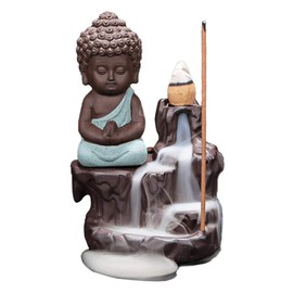 Backflow Incense Burner Holder Little Buddha Waterfall Incense Sticks Holder Handmade Ceramic Incense Burner Home Decor with 10 Backflow Incense Cones (A Light Blue)