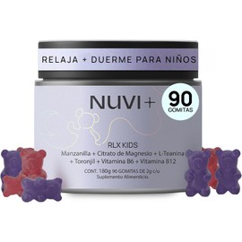 Nuvi+ Gomitas Relajantes para Niños - con Magnesio, L-Teanina, Manzanilla y Toronjil - Descanso y Calma Infantil - Sabor Fresa y Uva, sin Melatonina - 90 Gomitas