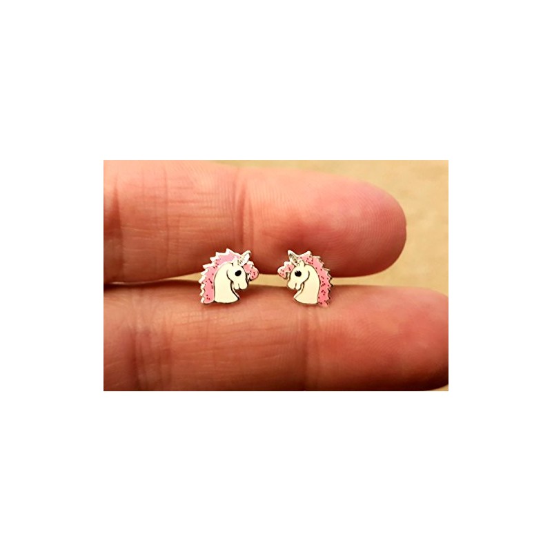 Unicorn Earrings with Sparkly Pink Glitter - 925 Sterling Silver