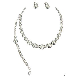 Fashion Jewelry ~ Imitation Faux Pearls Rhinestones Necklace Bracelet and Earrings Jewelry Set for Women (Gray Hematite)