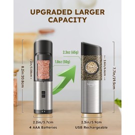 Sangcon Gravity Electric Salt and Pepper Grinder Set [Upgraded Larger Capacity] USB Rechargeable With Dual Charging Base - Automatic One Hand Operation - Adjustable Coarseness & LED Light Refillable