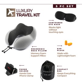Airplane Neck Pillow Includes Travel Pillow + Airplane Phone Holder Mount + Eye Masks + Earplugs for Travel, 100% Pure Memory Foam Travel Pillow, 4 Pc Travel Kit, 2 Pack