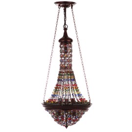 SAFAVIEH Lighting Collection Moroccan Gentle Bohemian Farmhouse Dark Bronze/ Multicolored 15-inch 7-light Diameter Beaded Adjustable Hanging Chandelier Pendant Light Fixture (LED Bulbs Included)