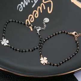 Four Leaf Clover Charm Bracelet, Hypoallergenic Stainless Steel with Black Beads, Simple Bracelet, Bring New Charm to Lucky Jewelry, Alloy Steel