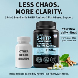 15-in-1 Mood Support Supplement - 5HTP 200mg Capsules with L-Theanine, Magnesium, Ashwagandha, GABA Supplements, 5 HTP Supplements with St. John's Wort and L-Tryptophan - 1145mg (90 Count, Pack of 2)