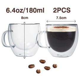 Kitchenexus - Juego de 2 tazas de café expreso de vidrio con aislamiento térmico de doble pared de 6 onzas, con asa, taza de espresso, tazas de café para espresso y capuchino, gran regalo para los amantes del café
