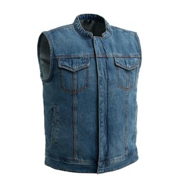 First Mfg Co Havoc Men's Denim Vest: Lightweight Washed Denim, Conceal Carry Pockets, Full Panel Back, Snap Closure Pockets, S-5X