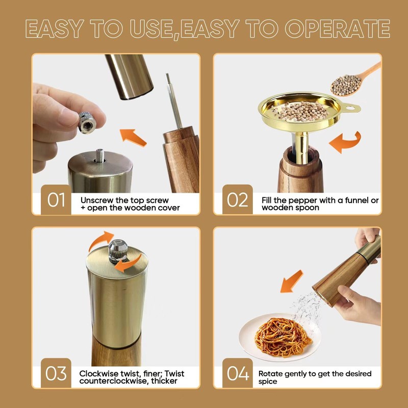 Gold Salt and Pepper Grinder Set,Wooden Pepper Grinder, Manual Salt