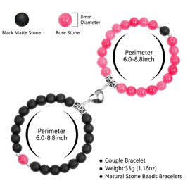 FLYEMMET Couple Bracelets for Women Men Distance Matching Relationship 8 mm Stone Beads Couples Friendship Stretch Bracelet Jewelry Set for Him and Her (Magnetic Black & Pink)
