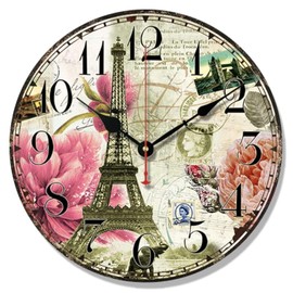 Telisha Wooden Wall Clock Paris French Eiffel Tower Pink Flower Clock Retro Vintage Large Clock Home Decorative Country Non -Ticking Silent Quiet 14 Inch Gift