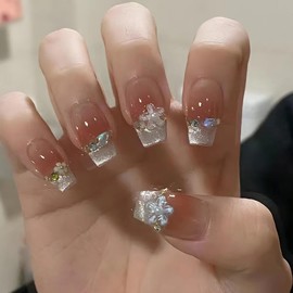 LIyun&Hang 3D Press on Nails Medium Length Shapes 24Pcs Glossy Full Cover Artificial Fake Nails, Petal Decoration With Gradient Pink And French Cat Eye Design,Jelly Glue Fake Nails (type-25)