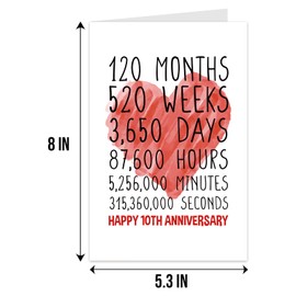 Qiliji Happy 10th Anniversary Card for Him Her, Tenth Wedding Anniversary Card for Husband Wife, Funny 10 Year Together Anniversary Greeting Card