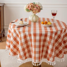Round Fall Gingham Tablecloth 60 inch, Orange Cotton Linen Style