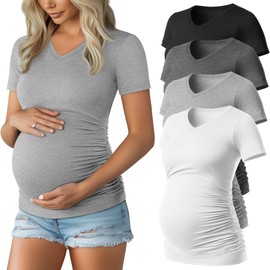 Huukeay 4 Pack Women's Maternity Shirts, V Neck Maternity Top Short Sleeve Casual Cotton Tee Side Ruched Pregnancy Clothes(Black, Light Gray, Dark Gray, White,XX-Large)