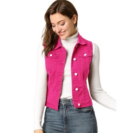 Allegra K Women's Buttoned Washed Denim Vest Jacket W Chest Flap Pockets X-Small Fuchsia