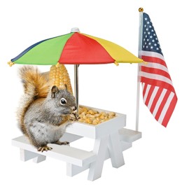 Squirrel Feeder Picnic Table with Colorful Umbrella, Wooden Squirrel Table Feeder Outside Funny with Corn Cob Holder for Yard and Porch Decoration, Easy to Fill Peanuts in Shell and Nuts