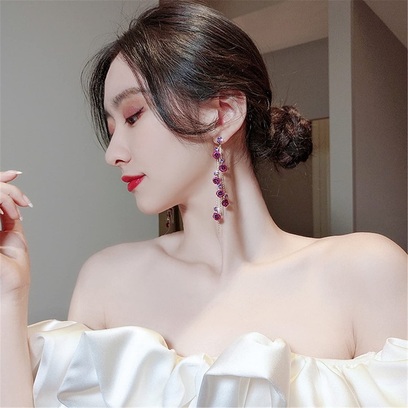 SLSF Elegant Chic Long Shine Tassel Chain Red Purple Rose