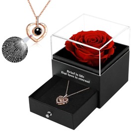 Preserved Rose in A Box Forever Red Roses, Gifts for Women, Red Rose with I Love You Necklace in 100 Languages, for Mum, Gifts for her on Birthday, Anniversary, Valentine's Day, red