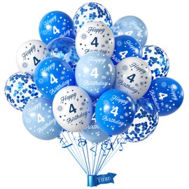 Boys 4th Birthday Balloons Pack of 16Pc,12inch Blue White Happy 4th Birthday Blue Confetti Printed Latex Party Balloons,Numbers Balloons Decorations for Boys Girls 4 Anniversary Birthday Party Supplie