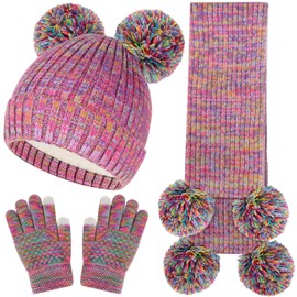 Kids Knit Hat Gloves and Scarf Winter Set Toddlers Winter Beanie Cap with Pom Pom Neck Warmer Gloves for Ages 5-12