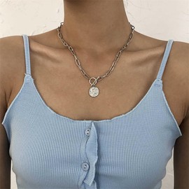 TseenYi Chunky Chain Toggle Necklace Coin Pendant Necklace Silver Coin Toggle Clasp Necklace Paper clip Chain OT Necklace Vintage Paperclip Chain Clasp Necklace Thick Chain Choker Necklace