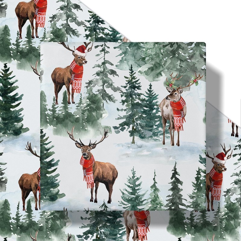LeZakaa Christmas Wrapping Paper Roll, Snowy Forest Deer with Scarf,
