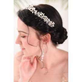 Fxmimior - Juego de arete de plata para novia, diseño de perlas y cristales, color plateado, Plateado