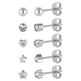 JMFENFA 5 Pairs G23 Titanium Ear Piercing Stud Earrings for Sensitive Ears, Heart Star Flower Cubic Zirconia Stud Earrings for Ear Piercing Guns (Silver piercing stud)