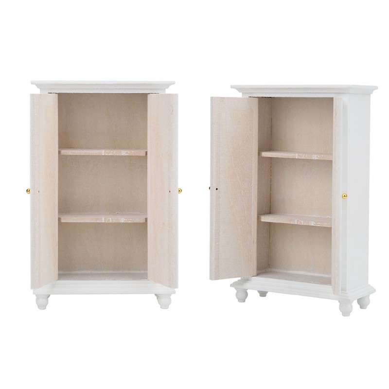 Miniature Doll House Wardrobe White Wooden Double Door Household Closet
