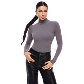 INLYRIC Women's Natrelax Long Sleeve Bodysuit Mock Turtleneck Women Slimming Tops Thermal Underwear Stretchy Jumpsuits Tornado Grey Large