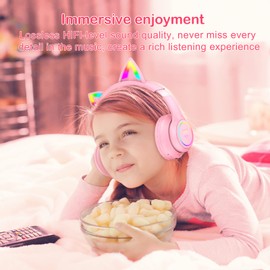 SIMGAL Pink Bluetooth Cat Ear Headphones for Kids & Adults, Wireless & Wired Mode Foldable Headset with Mic - Clear Sound Quality - RGB LED Light, for Girls School Gaming, for Phone/Laptop/PC/Tablet