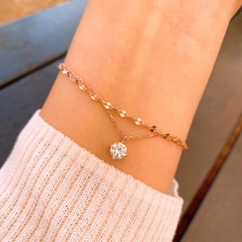 18k rose gold two-line bracelet shining cutting chain layered silver bracelet Silver / 18k 로즈골드 두줄 팔찌 샤이닝 컷팅 체인 레이어드 은팔찌 실버(Silver)