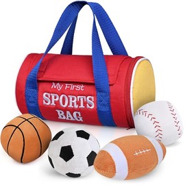 KMUYSL Juguetes para bebés de 0 a 12 meses, mi primer bolso deportivo de peluche - 4 bolas sensoriales de juguetes suaves con crujido, sonajeros para recién nacidos de 0 a 3, 6, 9, 12 meses, primer