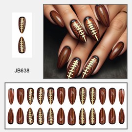 Baseball Press on Nails Medium Almond Fake Nails Brown False Nails with Rugby Design Glossy Spring Nails Coffee Summer Fall Nails Reusable Acrylic Nails Press on for Women Girls Manicure 24pcs