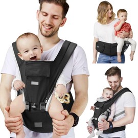 SNOOZYNEST Baby Carrier Newborn to Toddler with Hip Seat, Soft 6-in-1 Ergonomic All Positions Infant Carrier 7-33 Ib with Hood for All Seasion Use for Dad and Mom Black