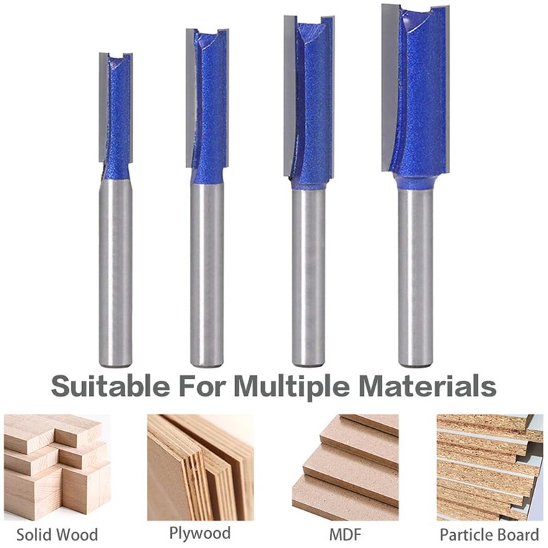 Wolfride 4pcs Straight Cut Router Bits 1/4-Inch Shank Double Flute