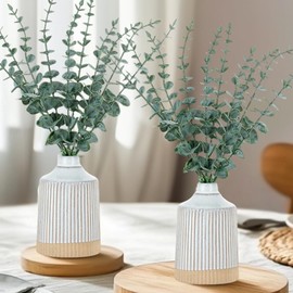 BLOSMON Eucalyptus in Boho Vase for Centerpieces: 2 Ceramic Vases with 20 Fake Eucalyptus Stems Table Decor - Artificial Plant Kitchen Bathroom Room Party Decorations