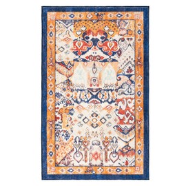 Phantoscope Vintage Collection Area Rug 3'x5' - Washable Rug Boho Rugs Non-Slip for Living Room, Bedroom, Dining Room, Dorm, Indoor Low-Pile Carpet Distressed Accent Rug, Navy/Orange