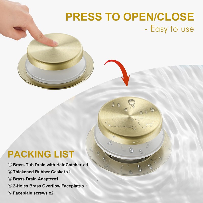 Yaseingoo Brushed Brass Bathtub Drain Stopper and Overflow Kit, Solid